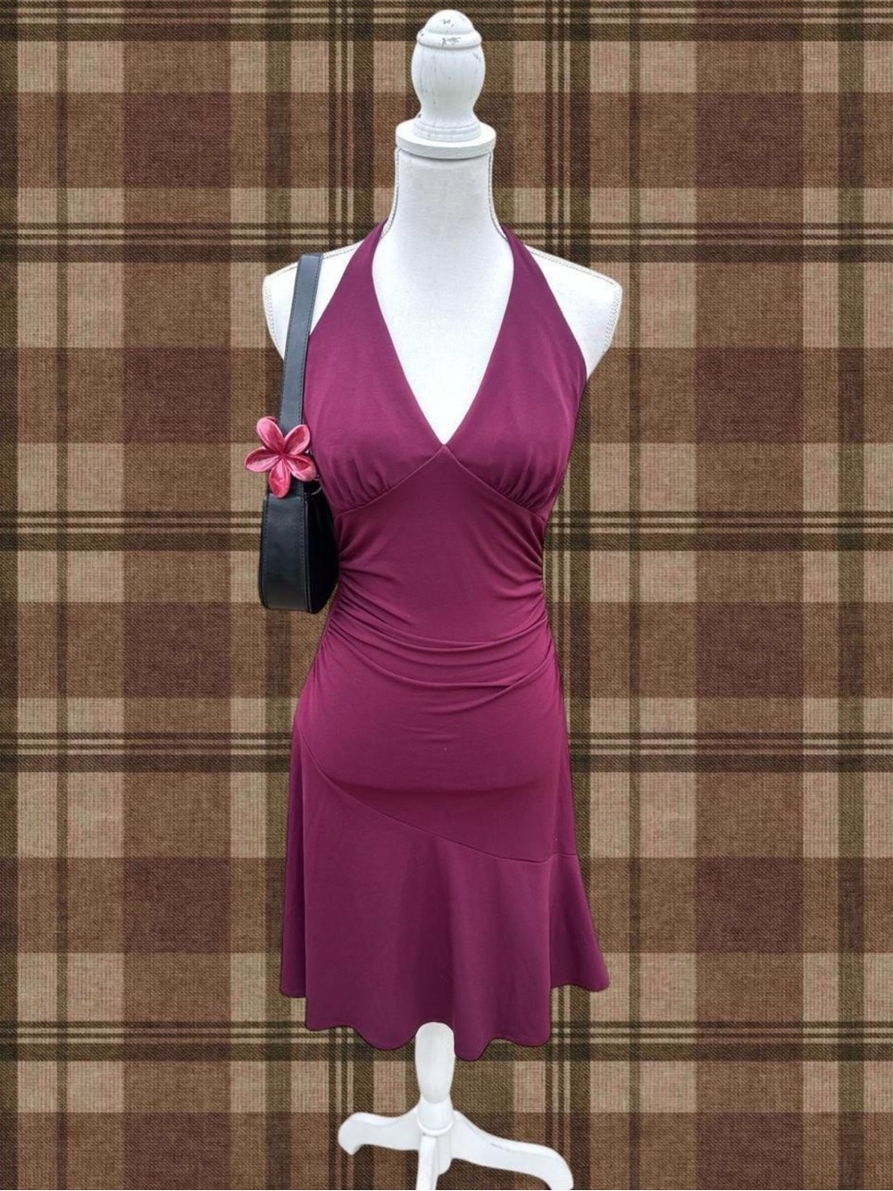 Halter V-Neck Wine-Colored Women's Dress